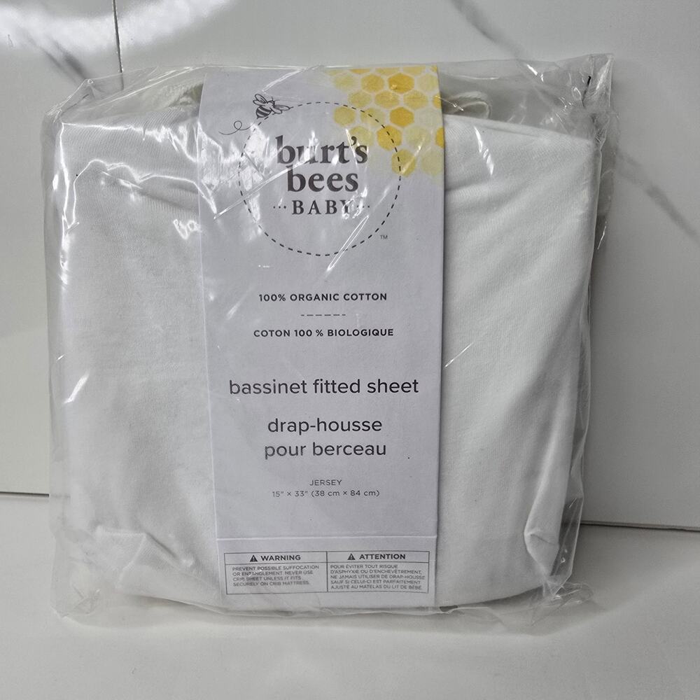 NIP Burt's Bees 100% Organic Cotton White Bassinet Fitted Sheet Jersey Material